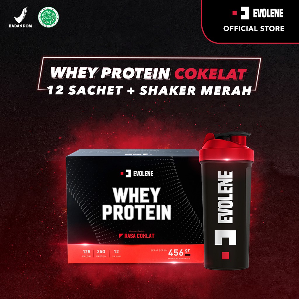 Whey Protein Coklat 456gr/12 Sachet + Shaker Merah - Suplemen fitness pembentuk Otot - Defisit kalori - Susu Protein - Suplemen Fitness - Minuman Protein - Suplemen Workout Evolene Evoline Evolen