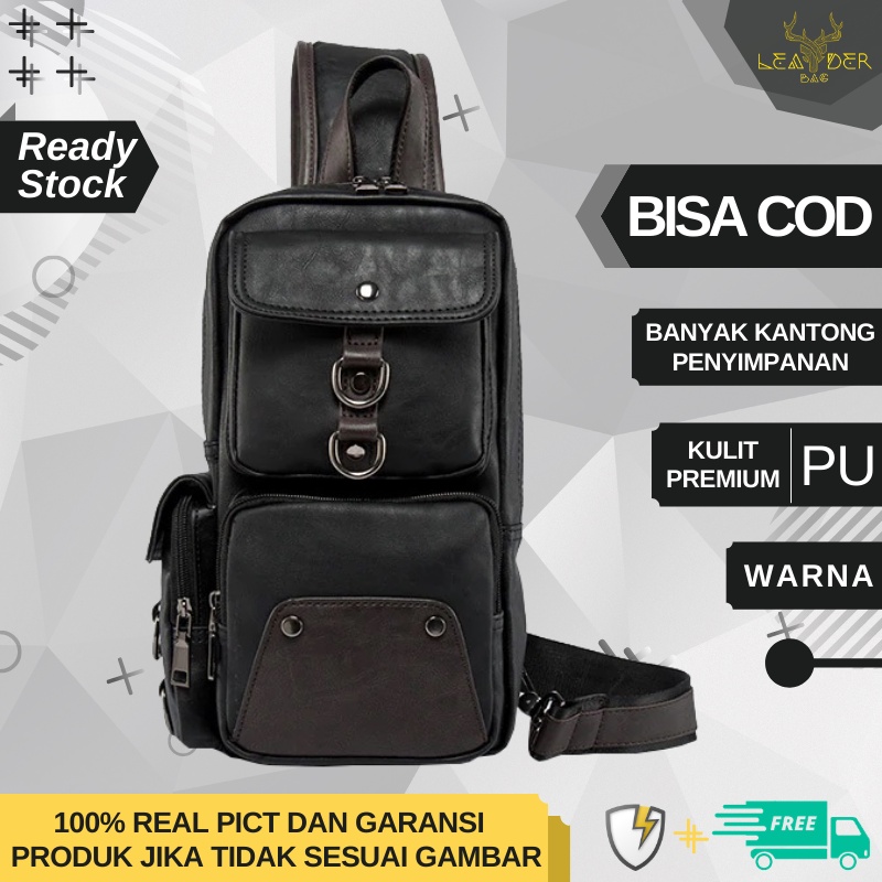 Tas Waist Bag Kulit Pria Original Model Terbaru Warna Hitam Atau Tas Slingbag Selempang Kulit Cowok Distro Import C12 GALAXI