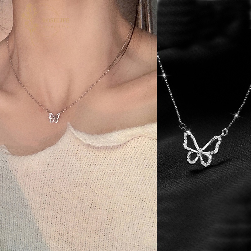 Kalung Choker Rantai Desain Kupu-Kupu Hollow Aksen Kristal Gaya Korea Untuk Wanita