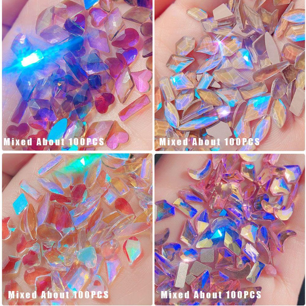 Top 100PCS Aurora Kuku Berlian Imitasi Warna-Warni 3D Perhiasan Nail Art Datar