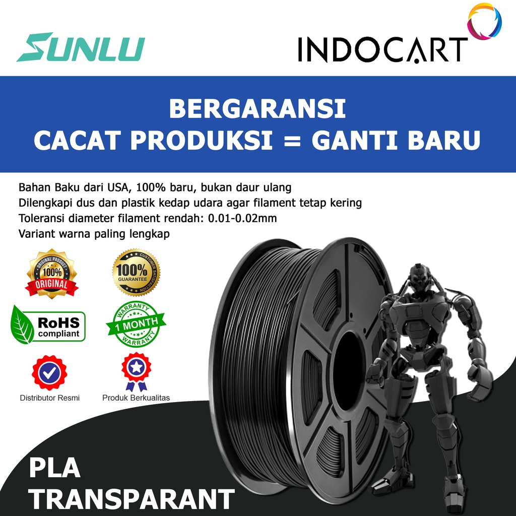 INDOCART Tinta Filamen 3D Printer Filament SUNLU PLA Transparant 1.75mm 1kg