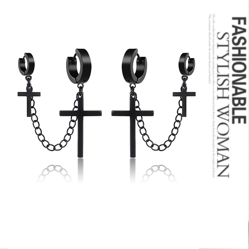 One Piece Versi Korea Punk Cross Double Cincin Anting-Anting Tren Pria Stainless Steel Klip Telinga Hitam Street Gothic Manset Anting-Anting