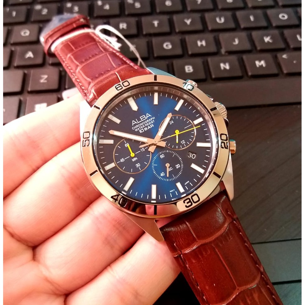 JAM TANGAN PRIA ALBA AT3H31X1 AT3H31 SILVER BLUE LEATHER BROWN ORIGINAL