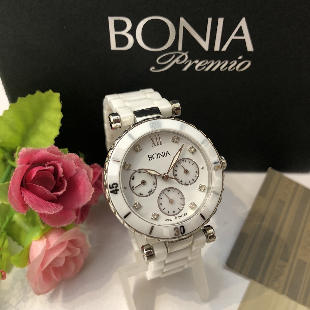 Limited Stock Jam Tangan Wanita Original Brand BONIA B783-2353 Case Material Stainless Strap Keramik Type Analog Movement Water Resistant Tahan Air Chrono Tanggal Aktif Garansi 1 tahun+Box Original Dan Kartu Garansi