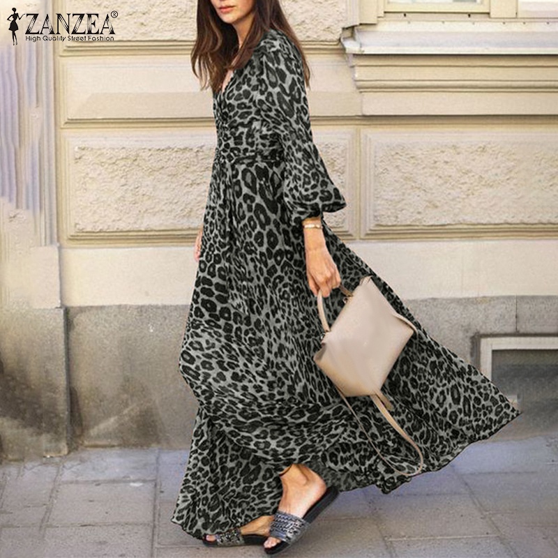 ZANZEA Women Leopard Print Relaxed Fit Loose Casual Maxi Dress