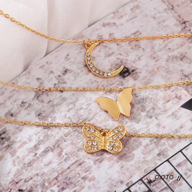Baru Kreatif Berlian Kupu-kupu Tiga lapisan Kalung Bulan Kepribadian Liontin Sederhana - ol