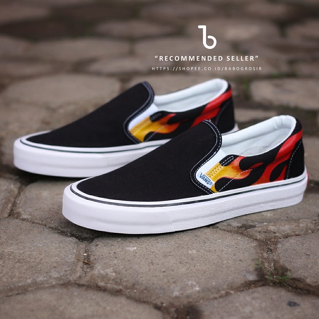 PROMO Sepatu Slip On Pria dan Wanita | Vans Slip On Flame Black White TOP Premium, Kualitas Original Harga Murah