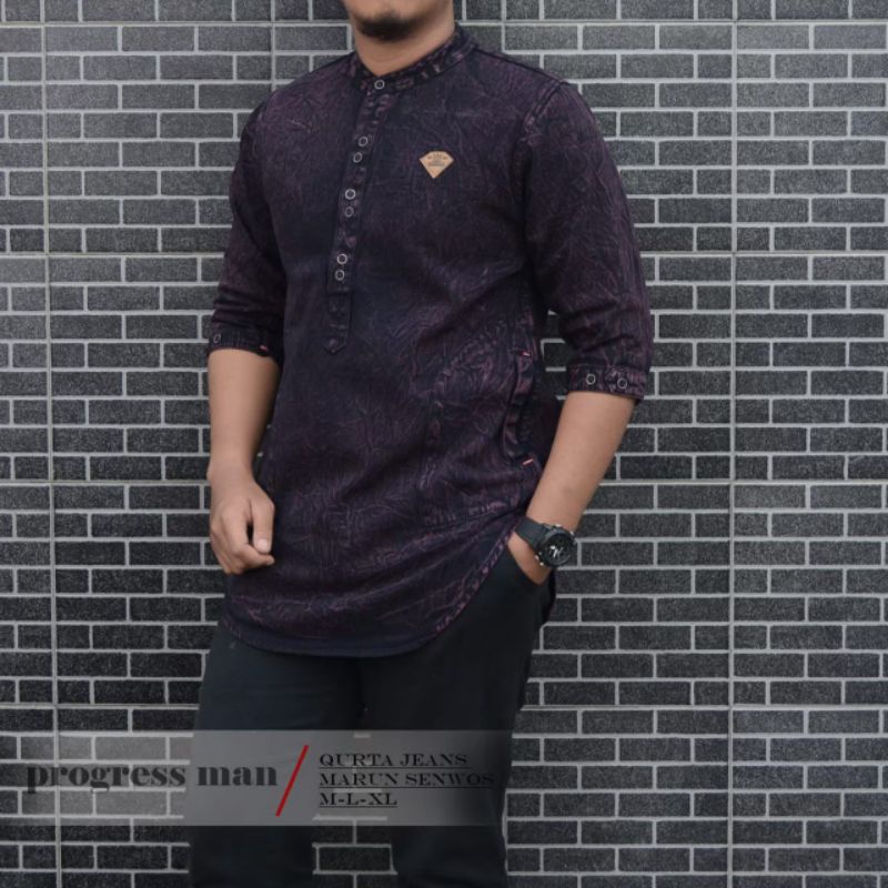 Koko Jeans Pria Dewasa/Kemeja Koko Denim Original Progressman/Baju Koko Pria Terbaru/Koko Denim Sand