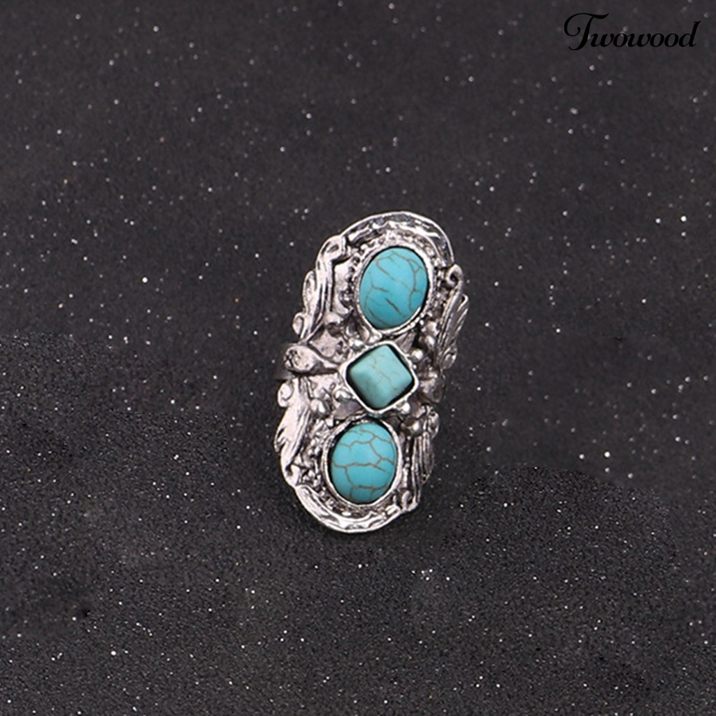 Twowood Stone Rings Bohemian Style Adjustable Green Stone Carved Flower Oval Opening Ring for Party