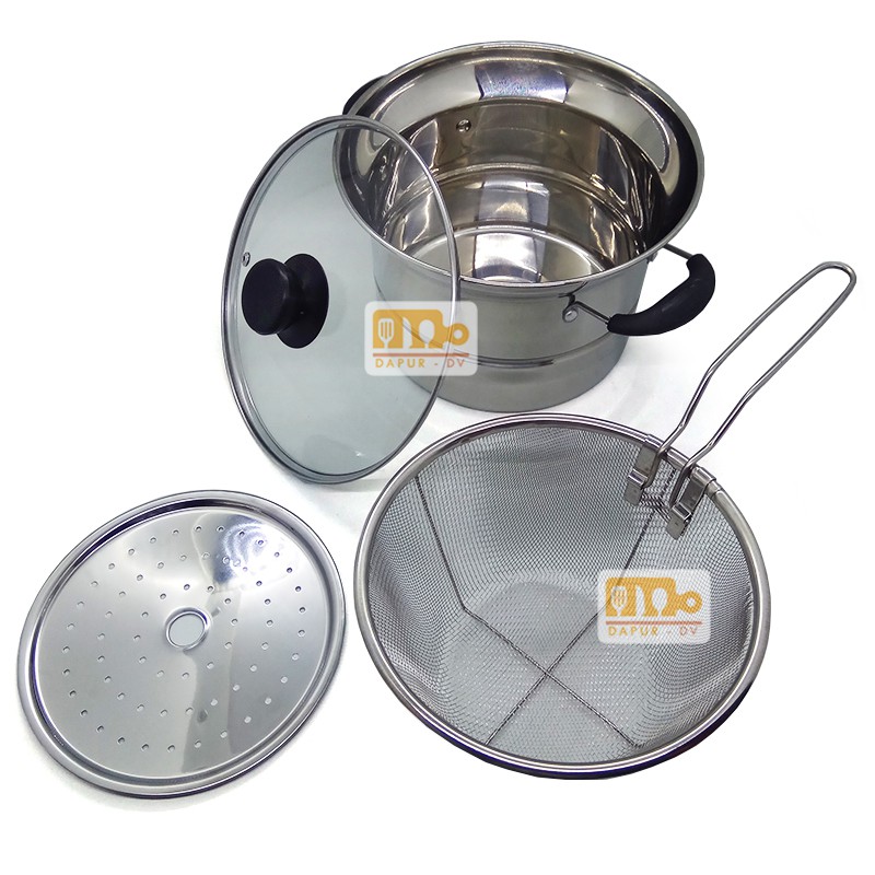 Panci Deep Fryer 3 in 1 Stainless Steel 22 cm - Panci Goreng/ Kukus/ Rebus handle samping