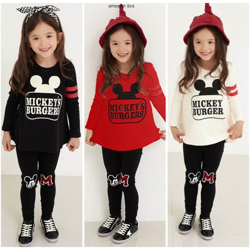 Setelan Set Kaos Anak Perempuan Mickey Burger Import