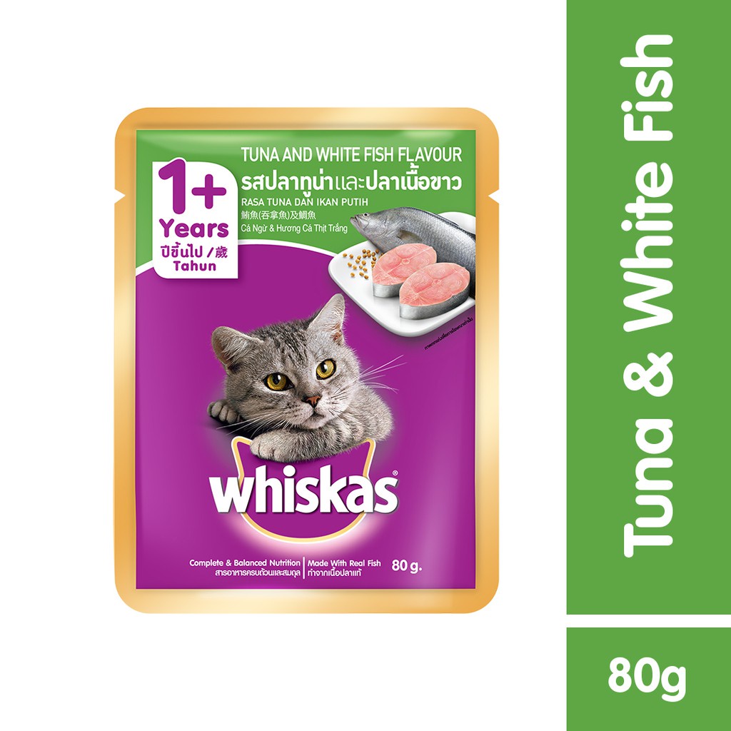WHISKAS® Makanan Kucing Basah Pouch 80gr Isi 24-Tuna Whitefish
