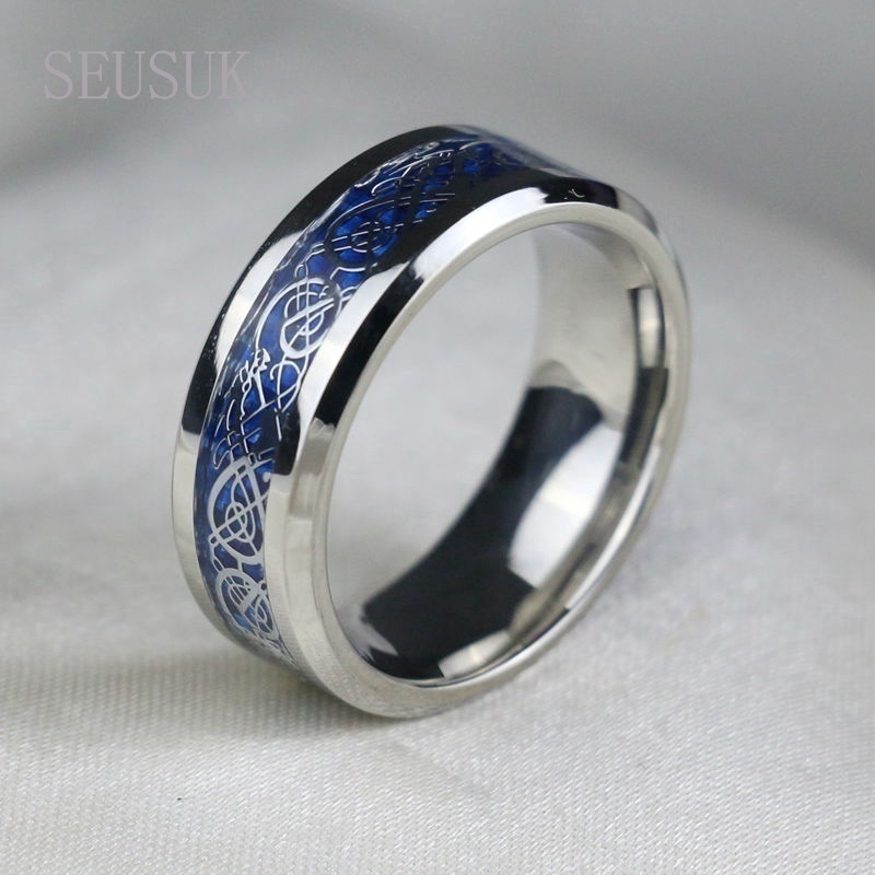 SEUSUK Couple Rings Blue Dragon Pattern Band Claddagh White Gold Filled Sapphire Wedding Ring