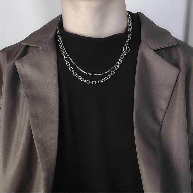 Jepang dan Korea ins double-layer kalung sederhana hip hop titanium baja PL rantai sederhana all-mat