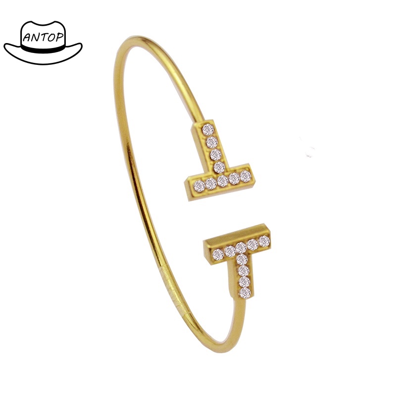 Gelang Mode Klasik/T Ganda Huruf Hias Berlian Imitasi Pembukaan Bangle ANTOP