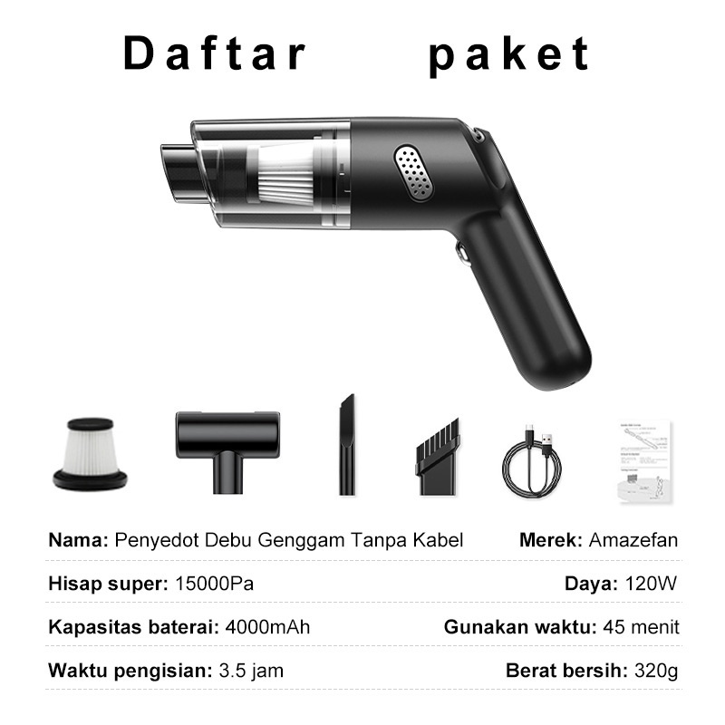 AmazeFan 15000Pa Vacum Cleaner alat penyedot debu portabel alat penyedot debu mobil Mini Wireless vacuum cleaner lantai Pembersih penyedot debu kasur USB rumah vakum vakum penghisap pembersih bulu kucing penghilang bulu baju