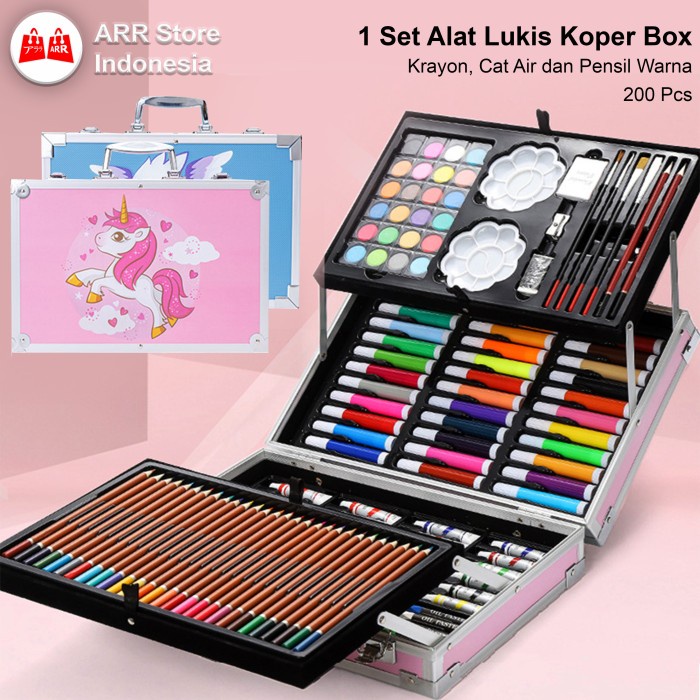 Crayon Set Alat Lukis Mewarnai Anak Set Koper 200 Pcs Pensil Warna Set