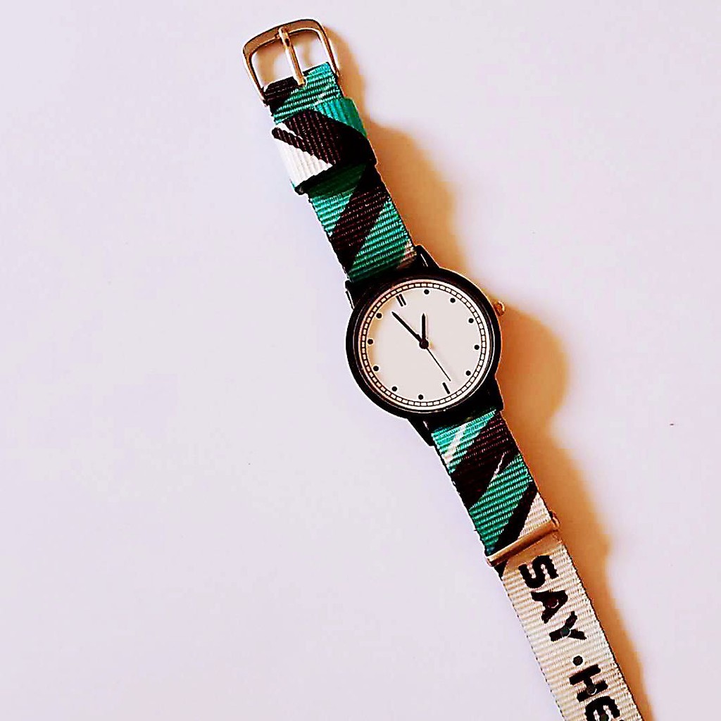 Jam Tangan Analog Gaya Korea Strap Nylon / Jam Tangan Strap Nylon Motif Tulisan Unisex