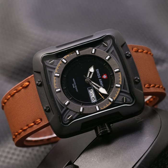 Diskon Jam Tangan Pria Cowok Swiss Army Segi SK2422 Leather Light Brown Termurah