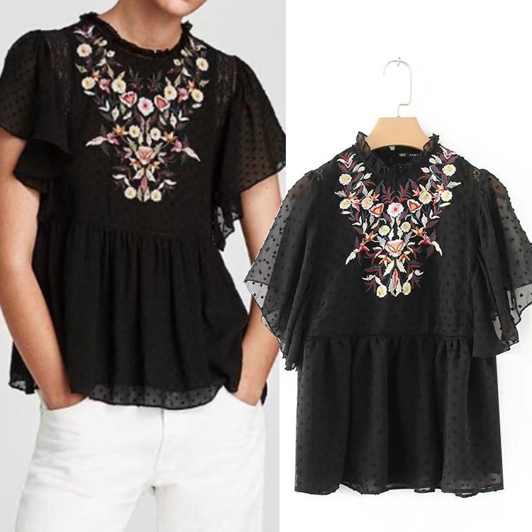 NL084- BAJU ATASAN WANITA BLOUSE RENDA BROKAT HITAM IMPORT