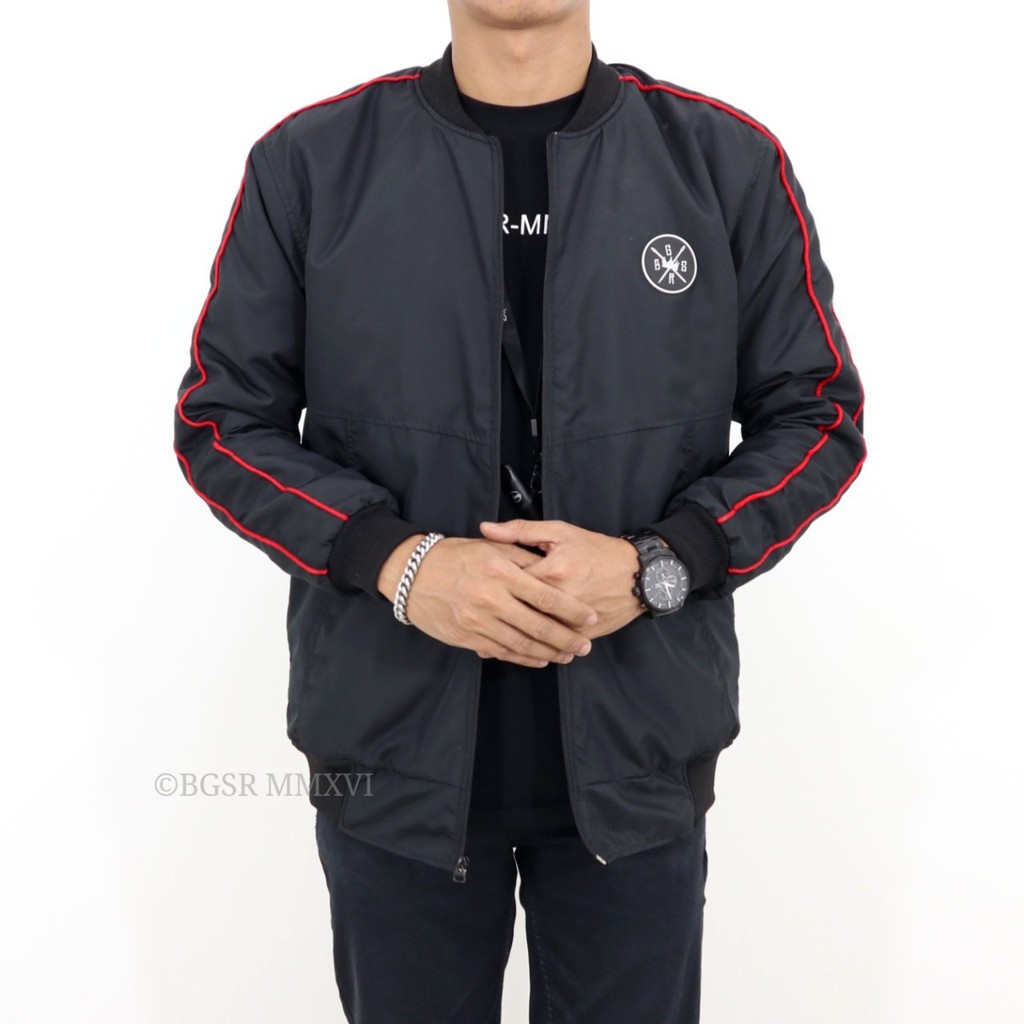 BGSR Jaket Bomber Bulat List Hitam Jaket Parasut Pria