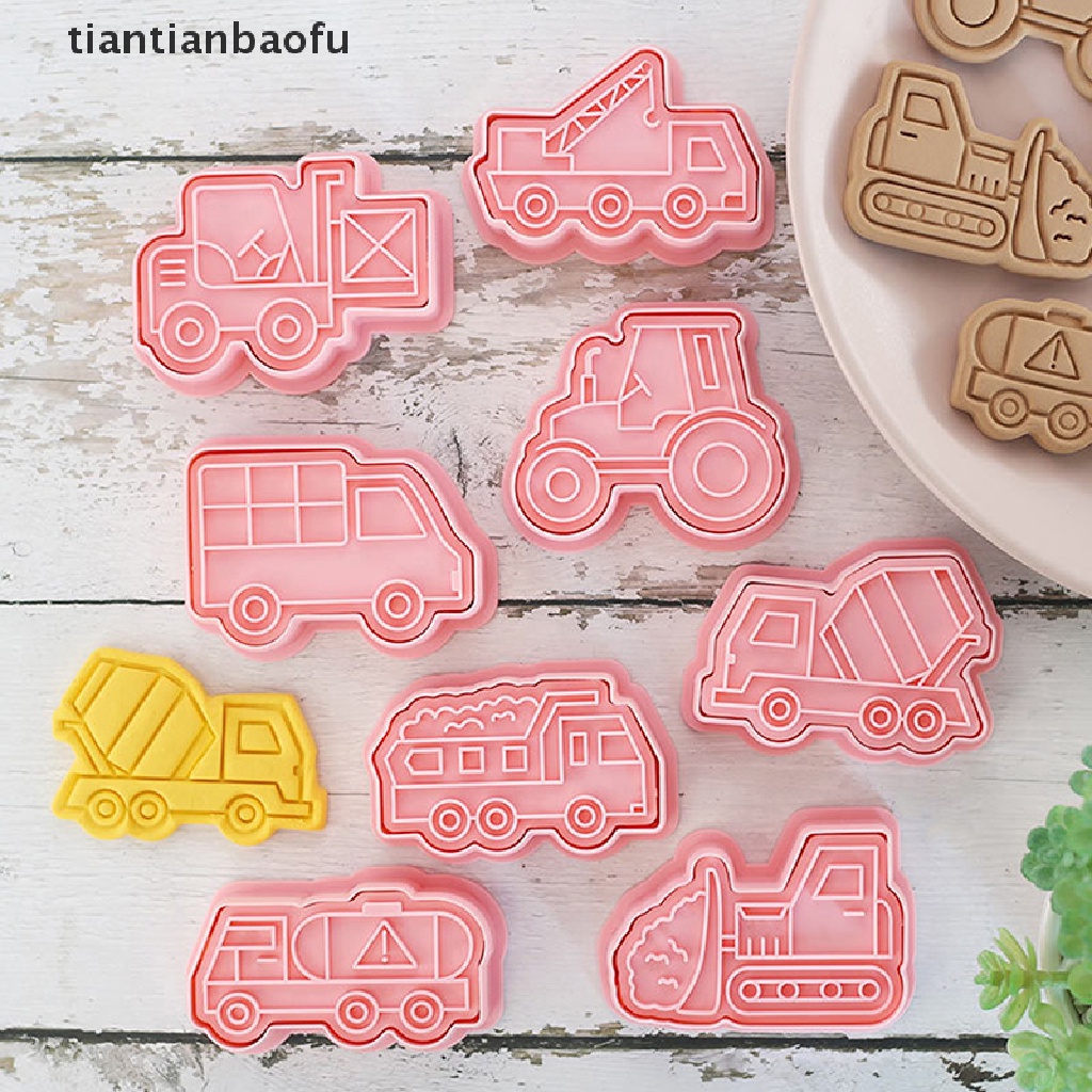 8pcs / set Cetakan Pemotong Kue / Biskuit / Fondant DIY Bentuk Kartun Mobil 3D