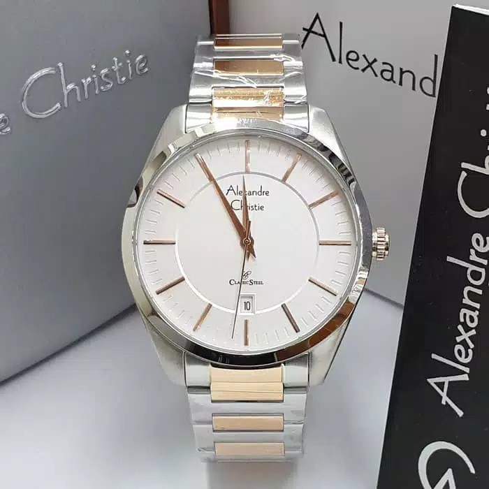 Jam Tangan Pria Alexandre Christie 8579 AC 8579 AC8579 Silver Combinasi Couple Edition Original