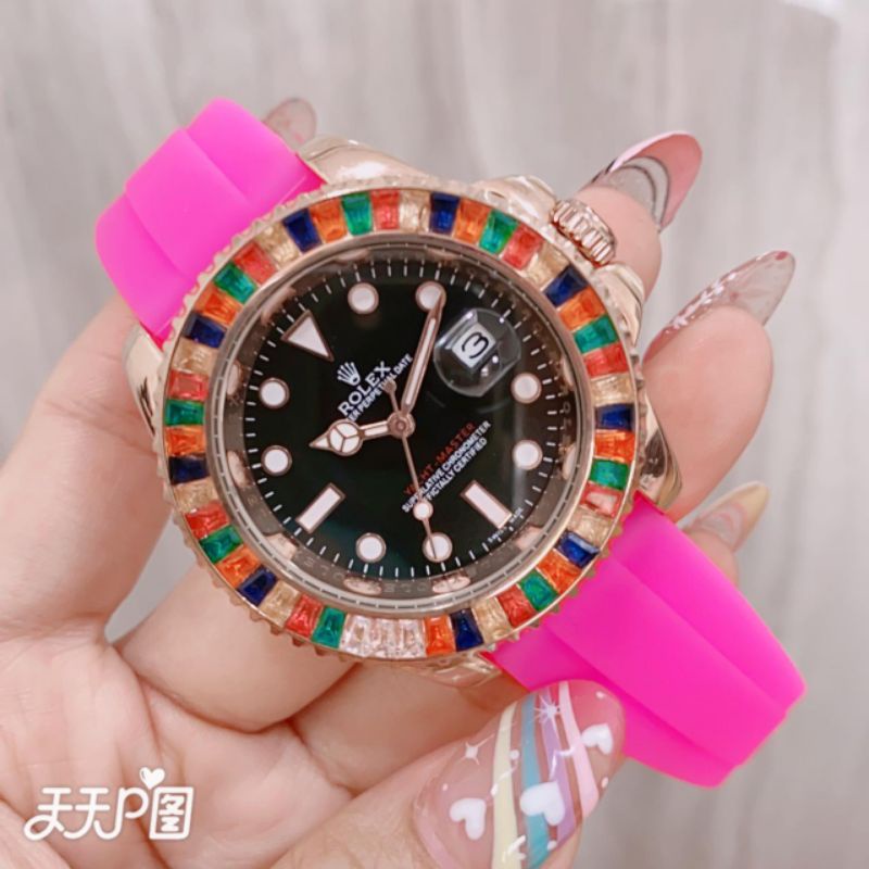 (PW)JAM TANGAN ROLEX MATA PERSEGI PELANGI TANGAL AKTIF FASHION WANITA TALI KULIT FREE BOX(COD)