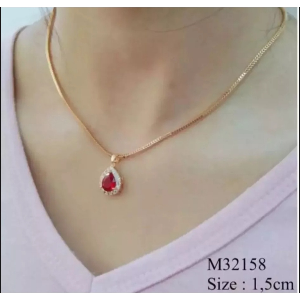 KALUNG TITANIUM ROSE GOLD MILANO LIONTIN PERMATA MERAH TETES AIR