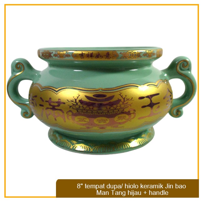 Hiolo / Tempat Bakar Dupa Keramik Hijau + Handle (Kuping) 8"