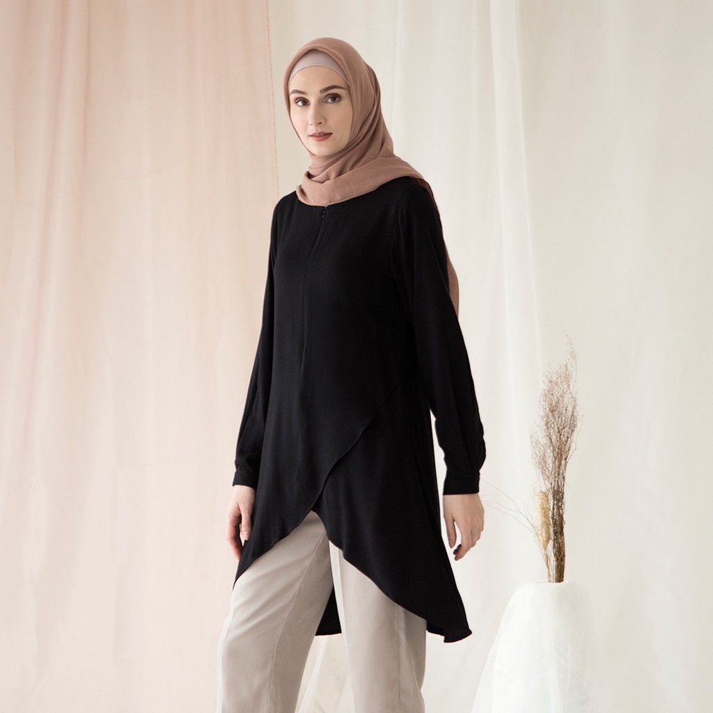 Karuna by Aska Label - Tunik wanita panjang rayon lengan panjang busui friendly dengan hem tulip