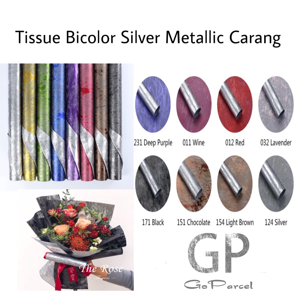 ( 3 Lembar ) TISSUE BICOLOR SILVER METALLIC CARANG - FLOWER WRAPPING TISU SERAT DOUBLE COLOR