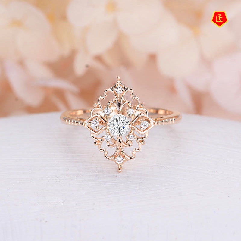 [Ready Stock]8K Gold Diamond Studded Hollow Flower Ring 925 Silver