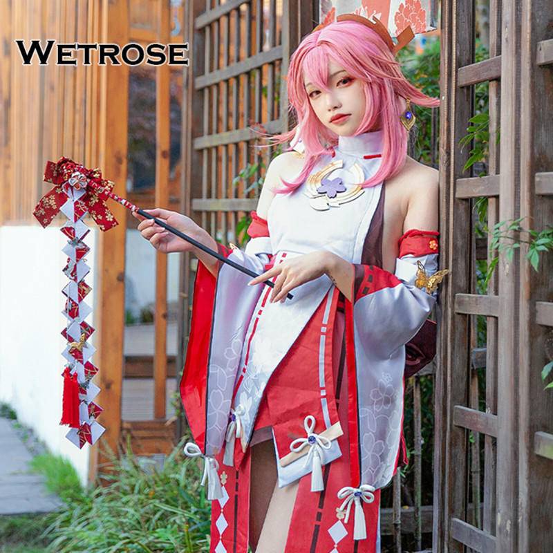 【Wetrose】Genshin Impact Yae Miko Cosplay Wanita Costume Kostum Full Set, Miko Wig