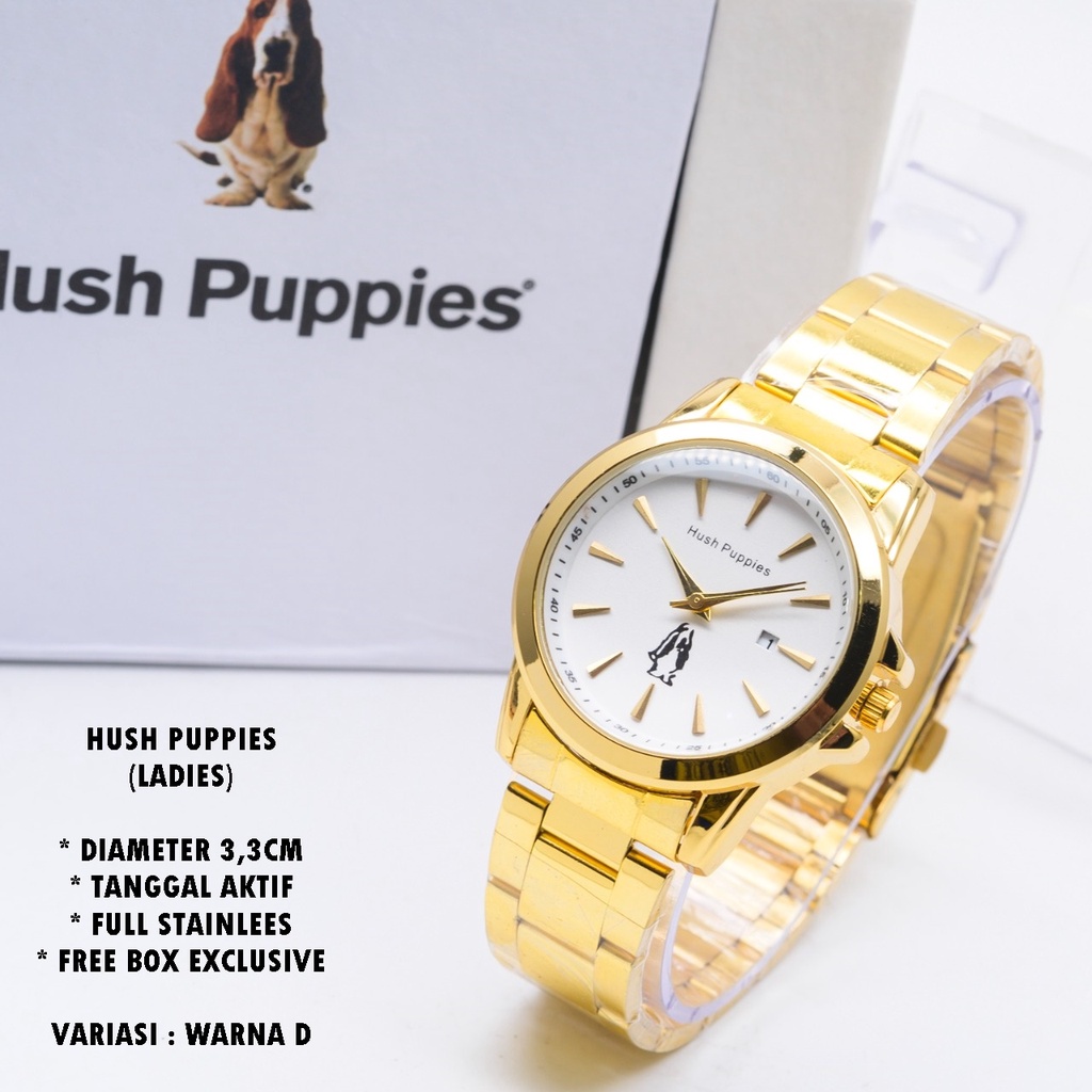 (BISA COD) JAM TANGAN WANITA HUSH PUPPIES H-069 RANTAI BODY BULAT TANGGAL AKTIF