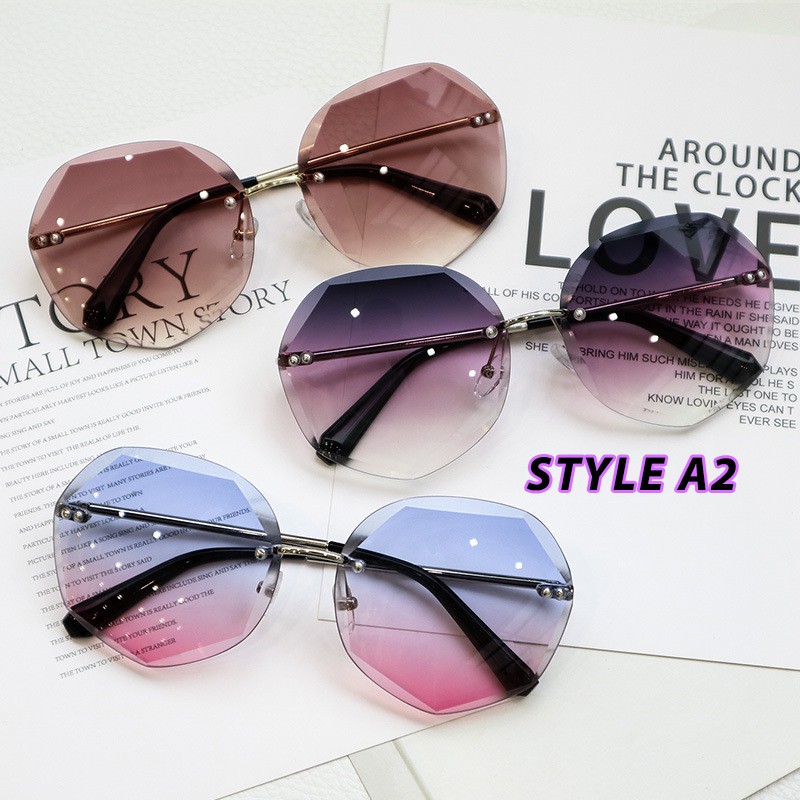 (YUZHU) COD Kacamata Hitam Korean Gaya Wanita Frameless Kacamata Hitam Bulat Sunglasses Women