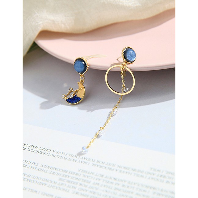 LRC Anting Tusuk Fashion Star And Moon Tassel Long Asymmetrical Stud Earrings K0295