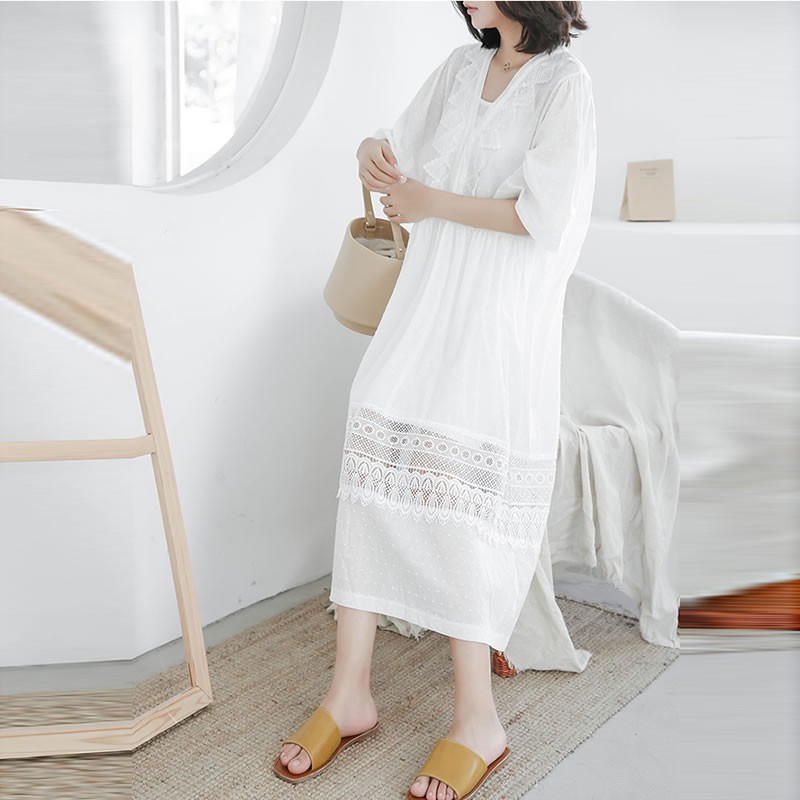 [XITAO] Korea Summer New 2018 Fashion Women Hollow Out Patchwork Lace Dress Female V-Neck Solid