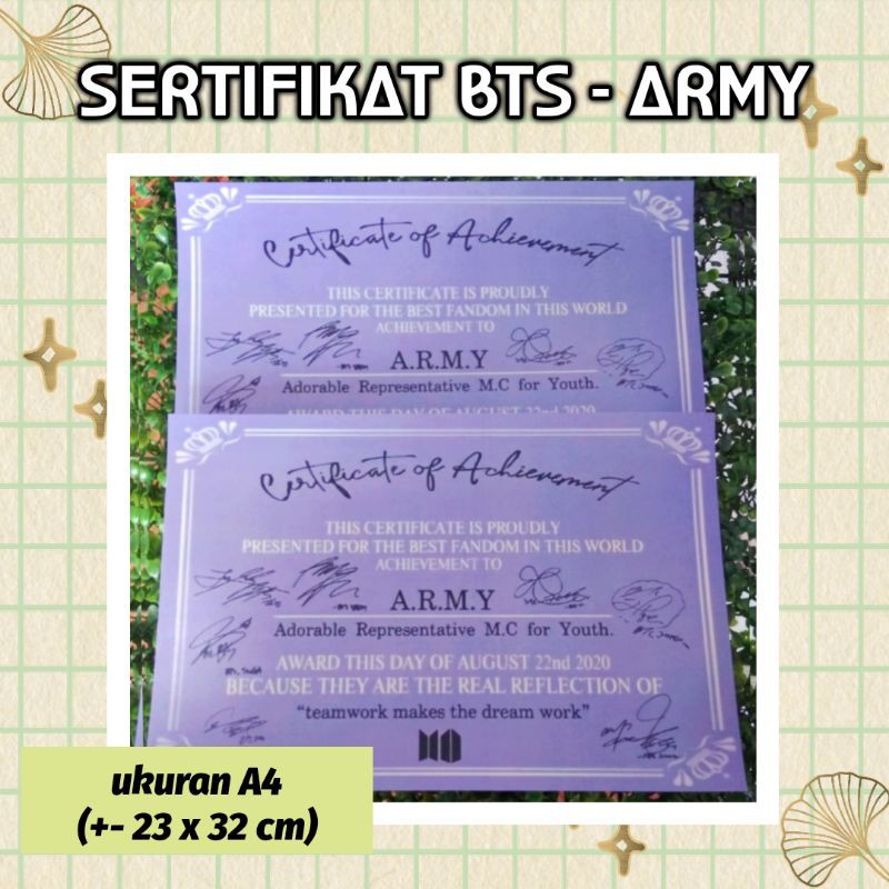READY STOCK SERTIFIKAT ARMY BTS SERTIFIKAT ARMY FANMADE BTS CERTIFICATE ARMY SERTIFIKAT RESMI ARMY D