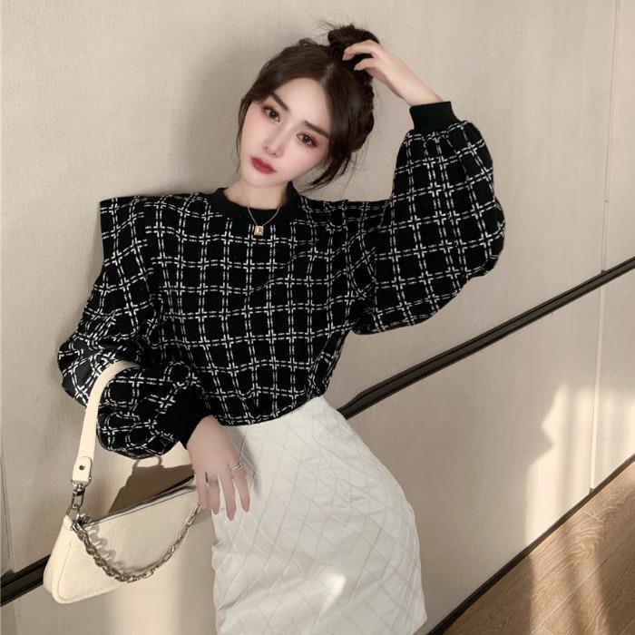 Suhao Musim Semi dan Musim Gugur Vintage Kotak-kotak longgar Frils Splice Shirt Top Wrap Hip A-line Rok Wanita Gaya Barat Set