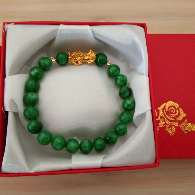 18k.. Gelang Batu Giok Pixiu Mas + Box Mewah