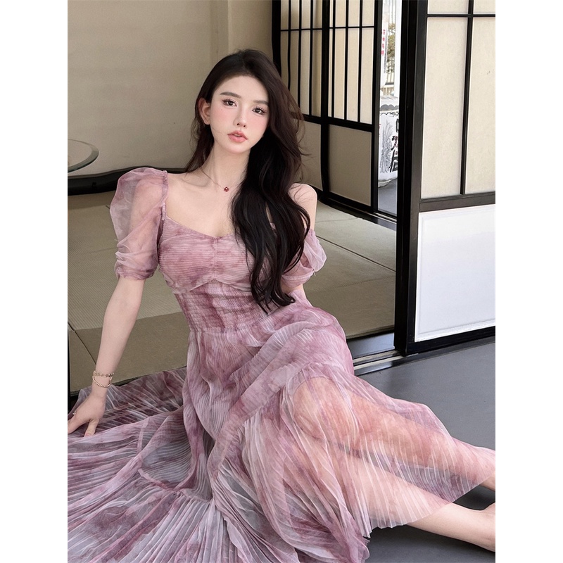 Suhao pink mesh lengan pendek gaun sifon wanita musim panas manis gadis panas angin lembut tie-dye t