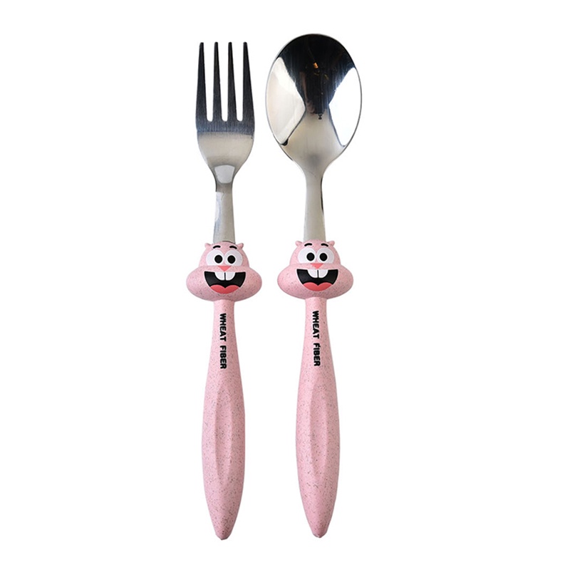 2pcs / Set Peralatan Makan Sendok Garpu Bahan Stainless Steel Motif Kartun Untuk Anak