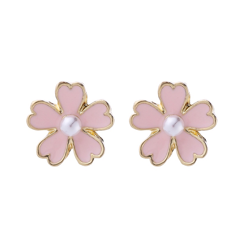 Anting Tusuk Gantung Desain Bunga Hias Mutiara Warna Pink Gaya Simple / Pelajar / Sexy Untuk Wanita