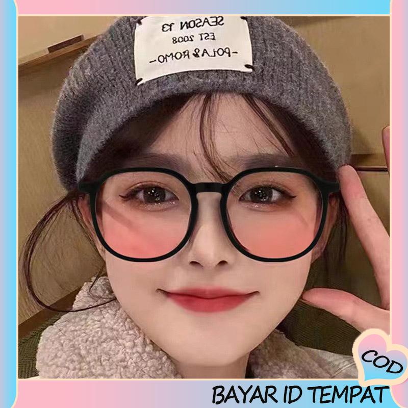 COD❤️ Gradien Pink Blush Glasses Perempuan Anti-biru Warna Cahaya Mengubah Kacamata Bingkai Besar-A.one