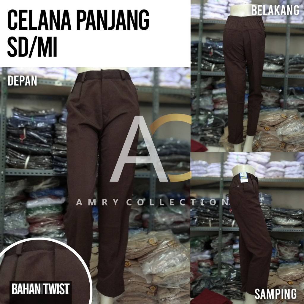 Seragam sekolah Celana SD Panjang Warna Merah Hitam dan Cokelat bahan Twist/Licin