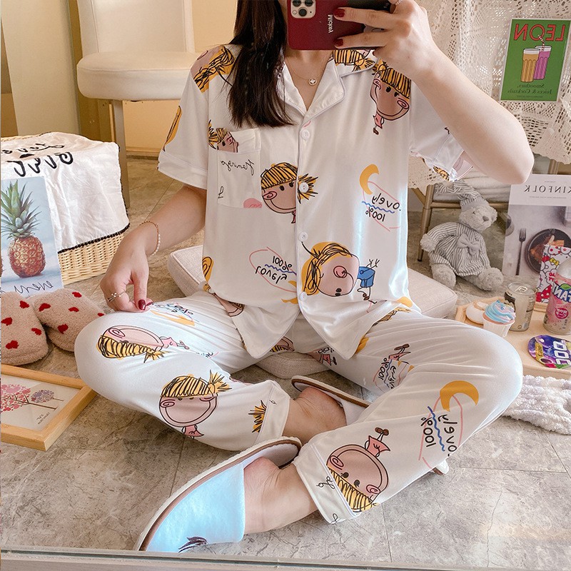 BAJU TIDUR PIYAMA SET KEMEJA CP LENGAN PENDEK CELANA PANJANG IMPORT PREMIUM BANYAK MOTIF 3-OrangCrayon