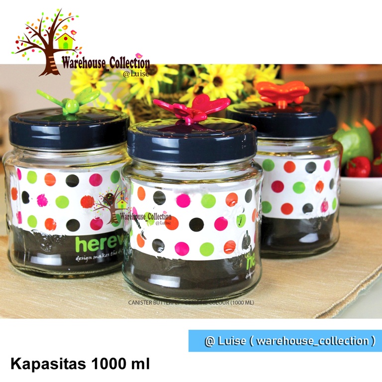 Toples Kaca Herevin 1000ml/ Canister Butterfly Colour 142200-560/ Toples tutup drat / Toples Lebaran