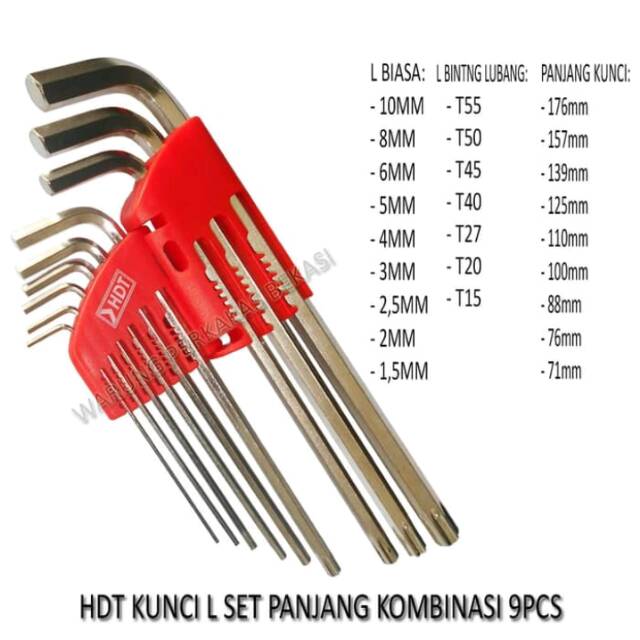 HDT Kunci L Set Panjang Kombinasi L Bintang Lubang 9 Pcs 1.5mm - 10mm