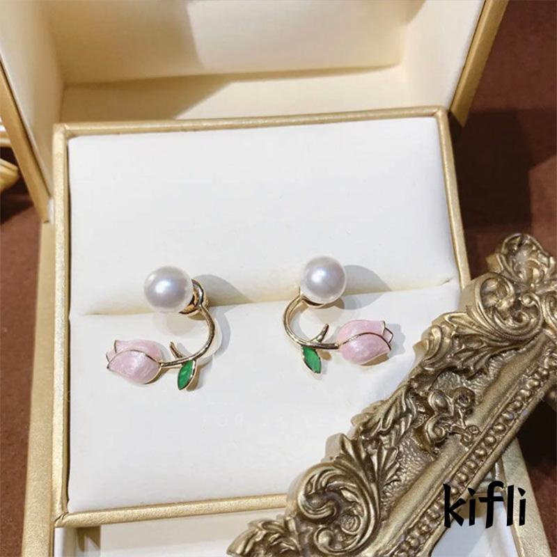 Anting Mutiara Bentuk Bunga Tulip Warna Pink